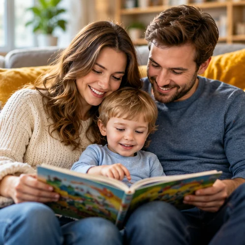 Семья вместе читает книгу